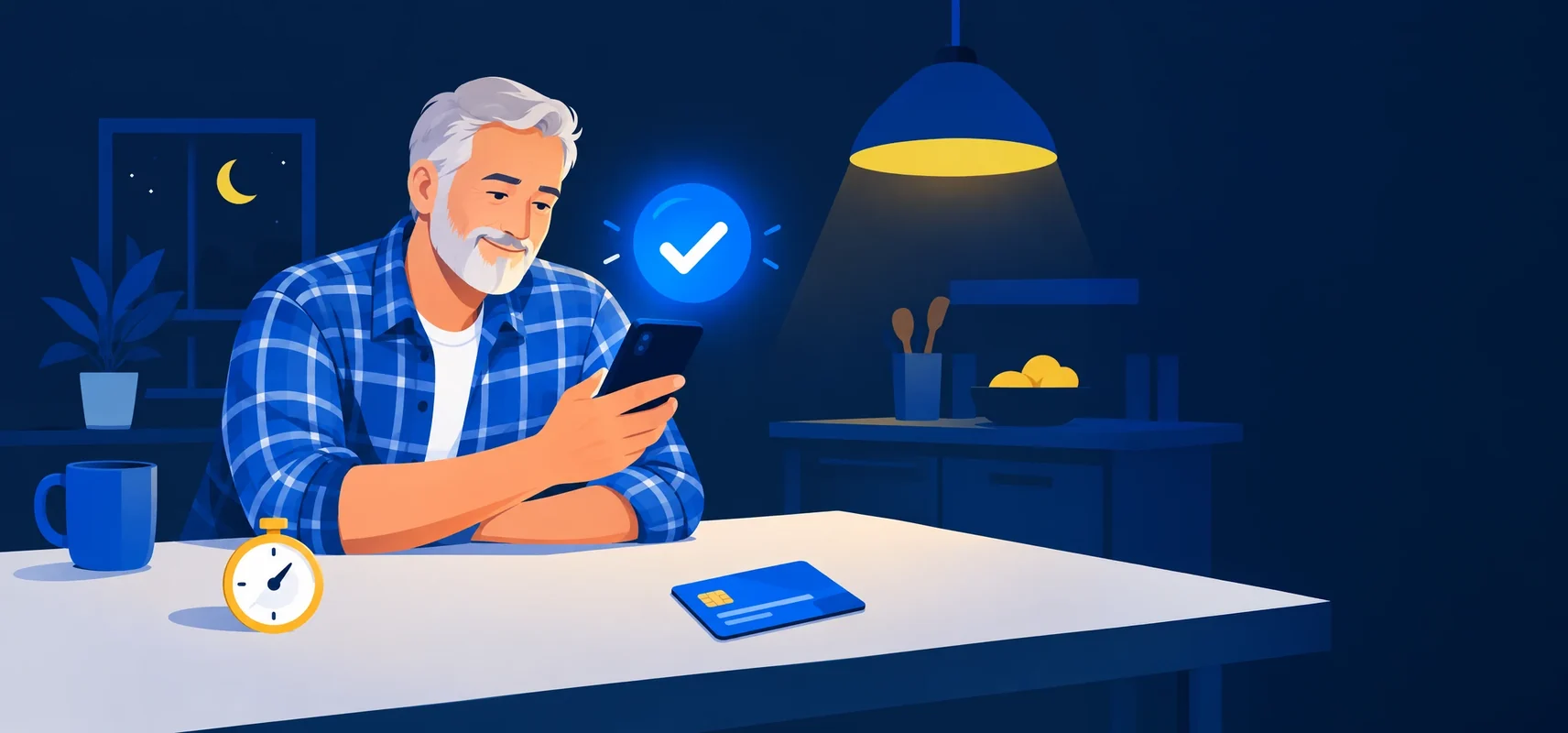 A man at his kitchen counter at night reading a lender's reply