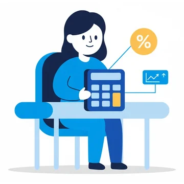 A woman at a desk using a large blue calculator