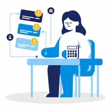 A woman at a desk with a calculator and three descending blue bar cards floating beside her