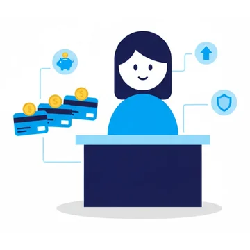 A woman at a desk with three equal blue payment cards floating in a row beside her and a yellow coin on each