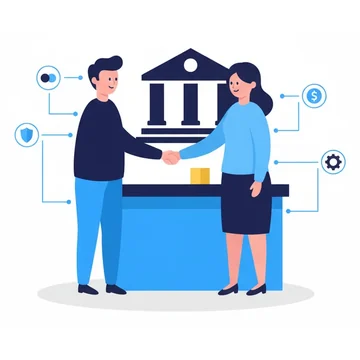 A man shaking hands with a teller across a simple blue counter