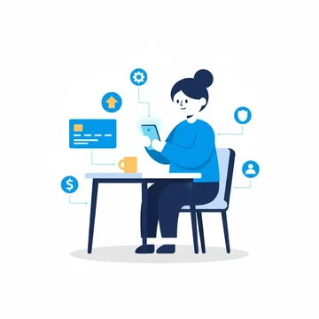 A woman at a kitchen table holding a phone, a blue credit report card floating beside her