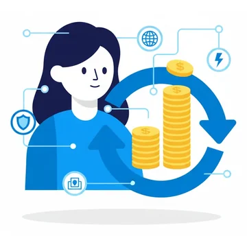 A woman looking at a large circular blue arrow loop with a growing stack of yellow coins in the middle