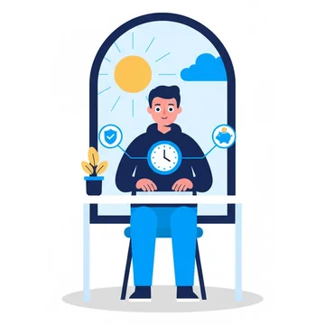 A man at a desk by a window with a yellow sun outside and a blue clock badge above the desk