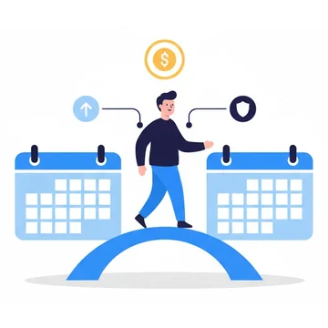A man crossing a simple blue bridge between two calendar pages, a yellow coin badge above him